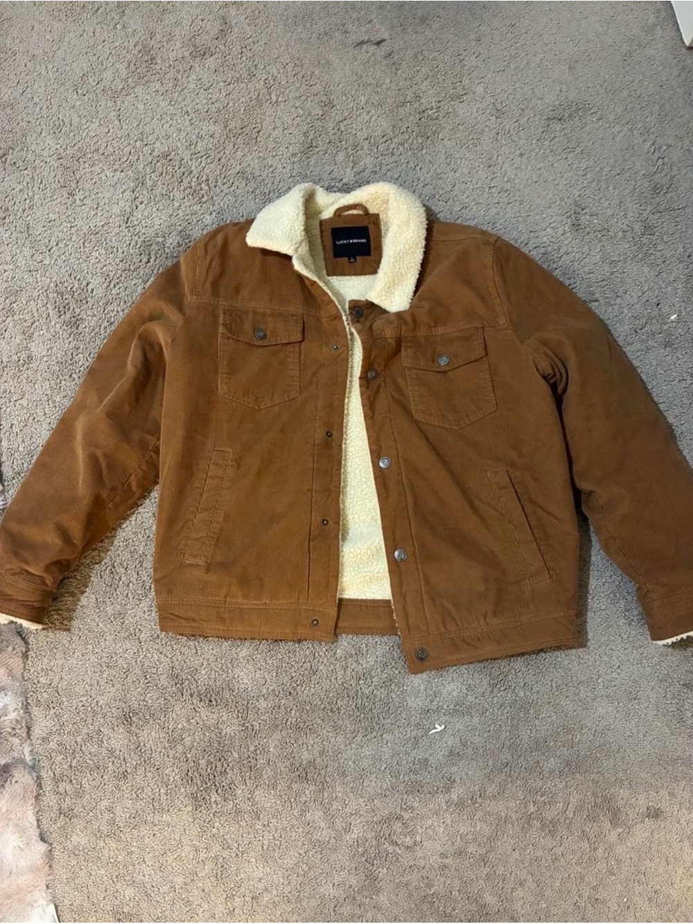 Lucky Brand Brown Corduroy Sherpa-Lined Shirt Jacket with Cream Sherpa